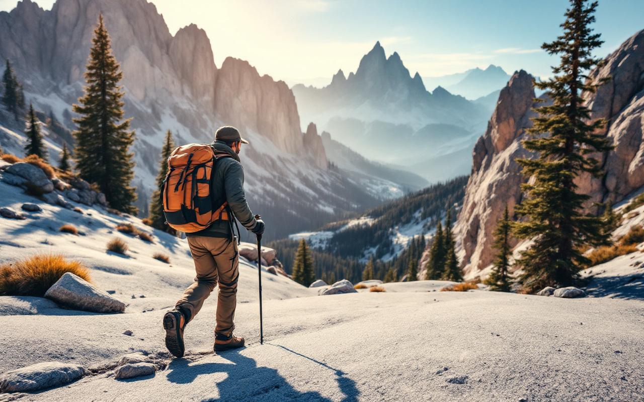 Un randonneur debout sur un bloc de granit avec les aiguilles de Bavella en arrière-plan, pins épars et vallée en contrebas, baigné d'une lumière dorée de fin d'après-midi.