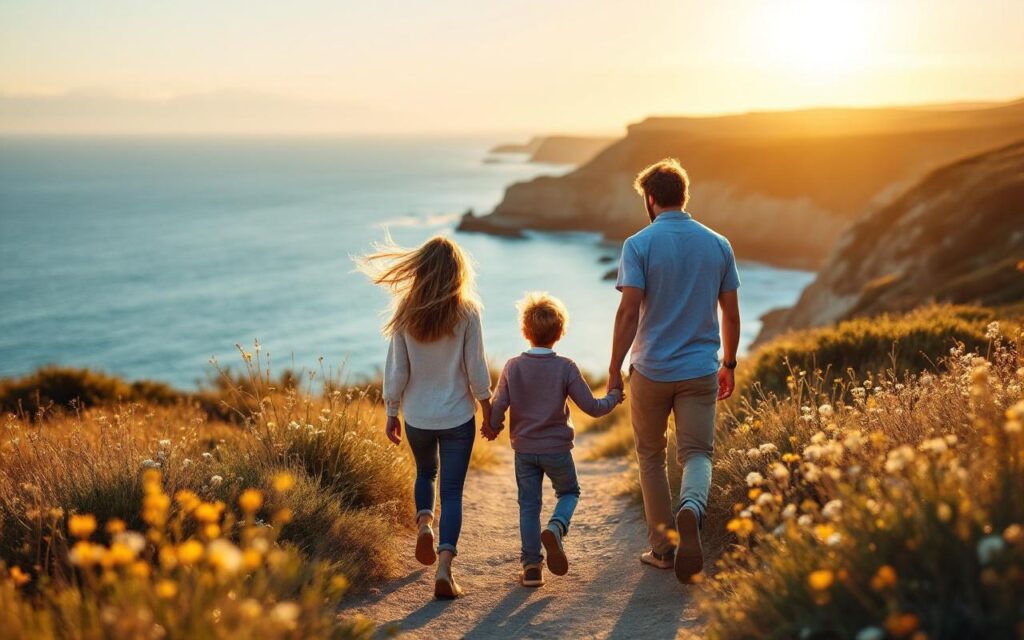 Famille marchant sur un sentier côtier avec vue sur la mer au coucher du soleil : parents et deux enfants en vêtements décontractés, herbes et fleurs sauvages, falaises en arrière-plan, lumière volumétrique dorée, ambiance naturelle et réaliste.