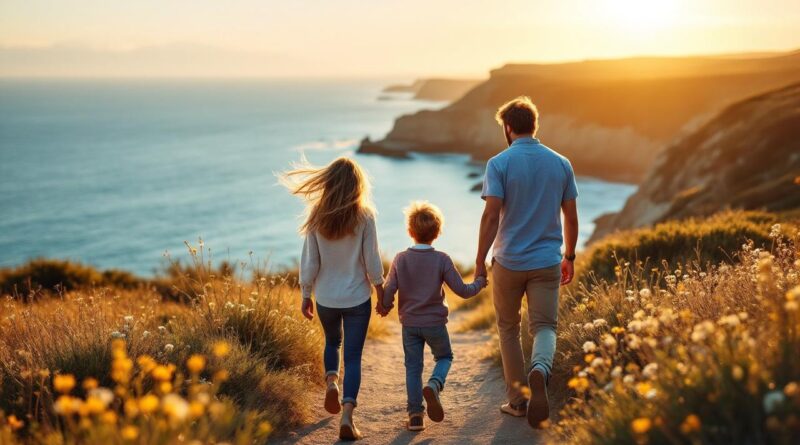 Famille marchant sur un sentier côtier avec vue sur la mer au coucher du soleil : parents et deux enfants en vêtements décontractés, herbes et fleurs sauvages, falaises en arrière-plan, lumière volumétrique dorée, ambiance naturelle et réaliste.