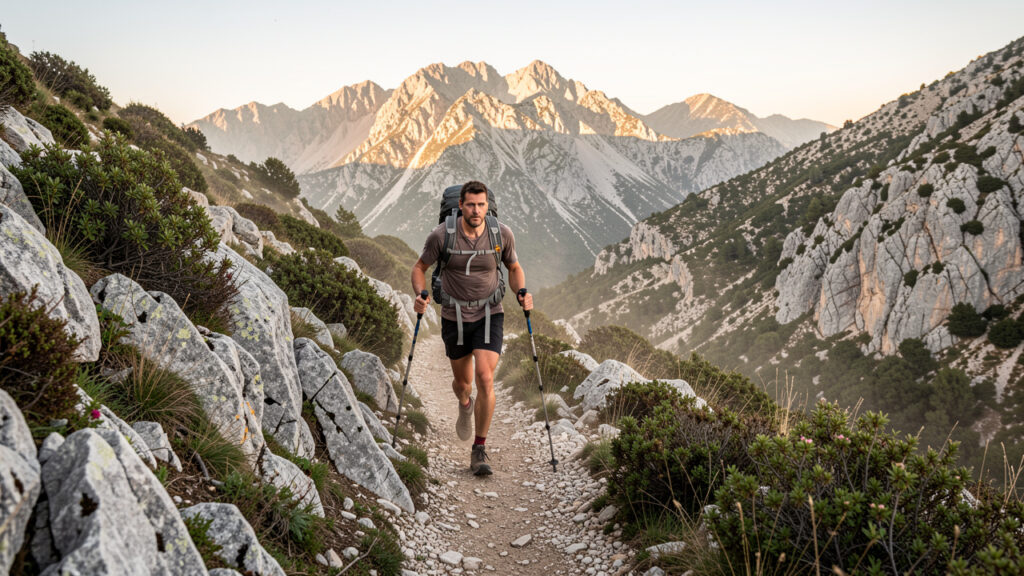 Randonneur courant sur un sentier de montagne rocheux dans le sud de la Corse, à l’aube dorée, ambiance sportive et naturelle.