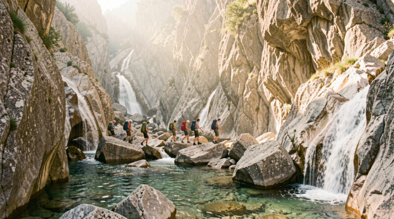 Petit groupe de randonneurs dans un canyon corse sauvage, avec des vasques claires et des rochers granitiques sous une lumière estivale dorée.