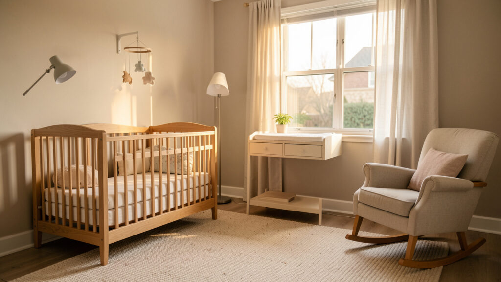 Chambre de bébé chaleureuse et fonctionnelle, avec un berceau en bois, une table à langer évolutive, un tapis doux, un fauteuil à bascule, une lampe réglable et une décoration pastel naturelle, baignée de lumière dorée.