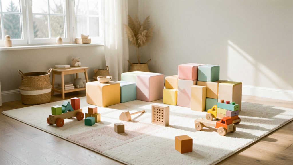 Chambre d’enfant lumineuse, avec tapis de motricité au sol, modules en mousse et ambiance douce naturelle.