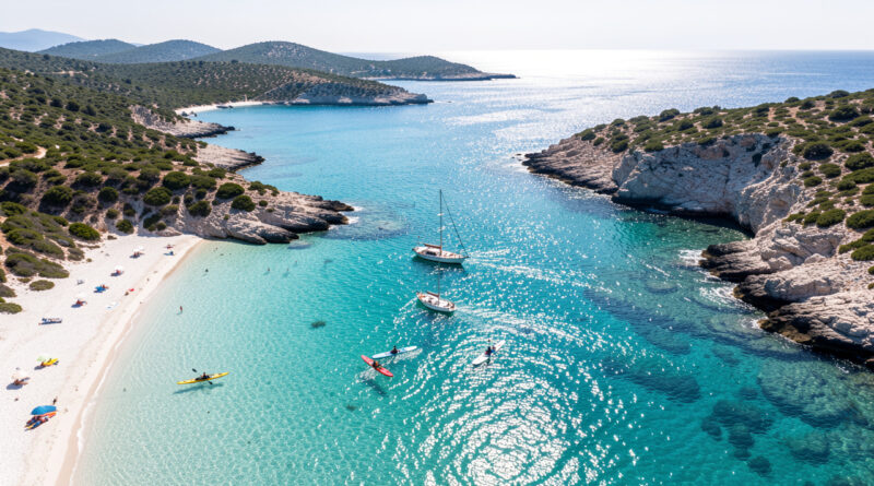 Vue aérienne en Corse : eau turquoise, kayak et paddle glissant sur l’eau, petit bateau au soleil près du rivage.