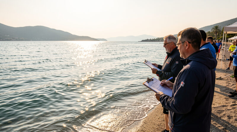 Arbitres en bord d’eau méditerranéenne lors d’un briefing avant le départ d’une régate, ambiance sportive sous un soleil lumineux.