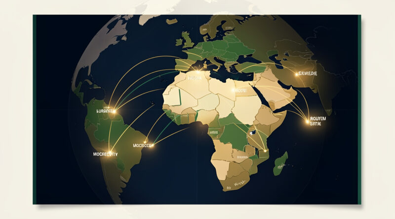 Carte stylisée montrant six villes hôtes reliées entre l’Europe, le Maroc et l’Amérique du Sud dans une esthétique élégante de magazine sportif.