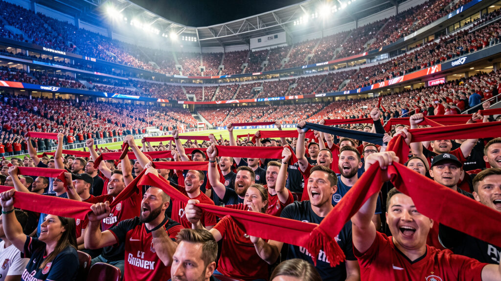 Un stade de football moderne rempli de supporters enthousiastes lors d’une soirée de match international en Amérique du Nord, sous de puissants projecteurs.
