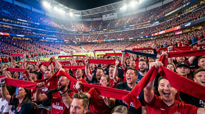 Un stade de football moderne rempli de supporters enthousiastes lors d’une soirée de match international en Amérique du Nord, sous de puissants projecteurs.