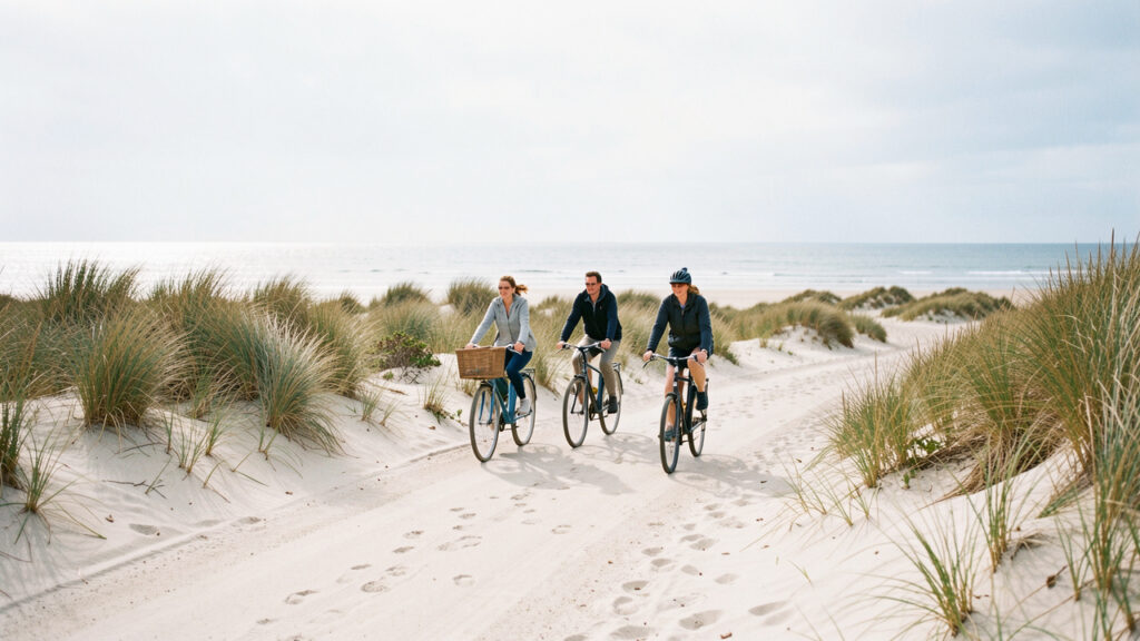 Trois cyclistes avancent sur un chemin côtier bordé de dunes dans la baie de Somme, sous un ciel lumineux.