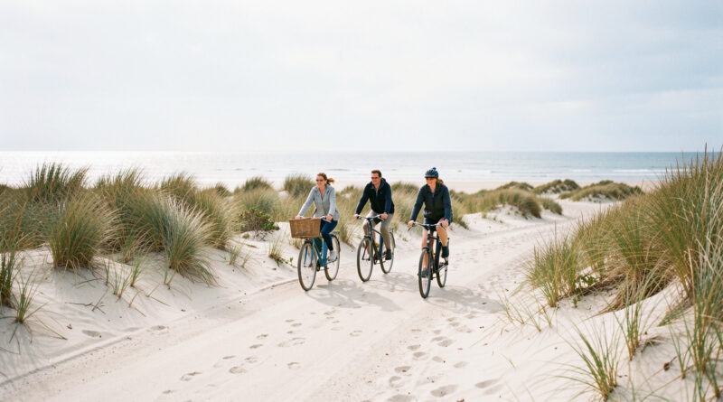 Trois cyclistes avancent sur un chemin côtier bordé de dunes dans la baie de Somme, sous un ciel lumineux.