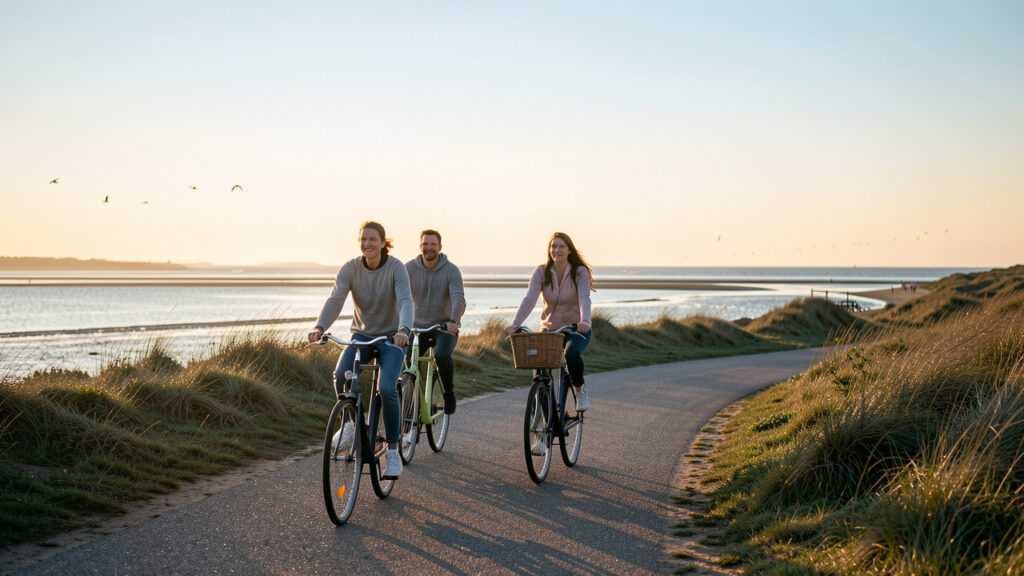 Quatre cyclistes, deux femmes et deux hommes, roulent sur un chemin côtier de la baie de Somme au lever du soleil, entre dunes, vasières et ciel doré.