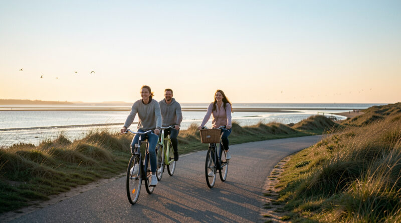 Quatre cyclistes, deux femmes et deux hommes, roulent sur un chemin côtier de la baie de Somme au lever du soleil, entre dunes, vasières et ciel doré.