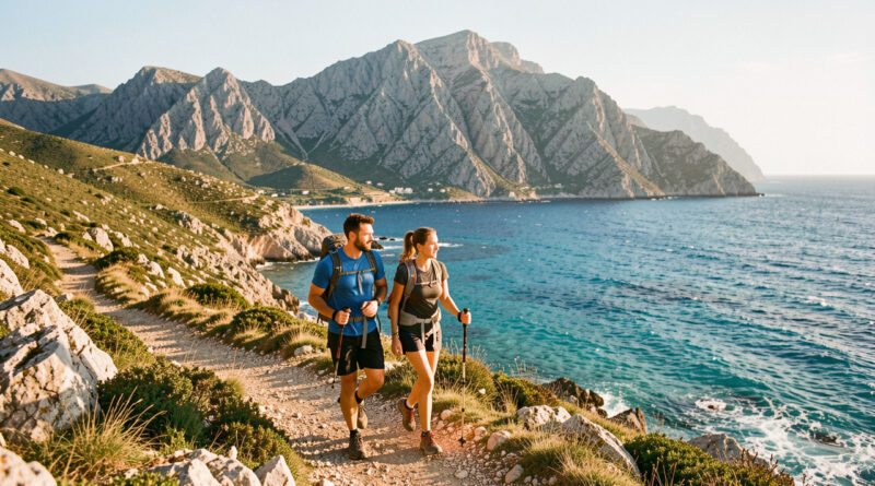 Un homme et une femme sportifs en randonnée sur un sentier côtier, face aux montagnes corses et à la mer turquoise sous une lumière estivale.