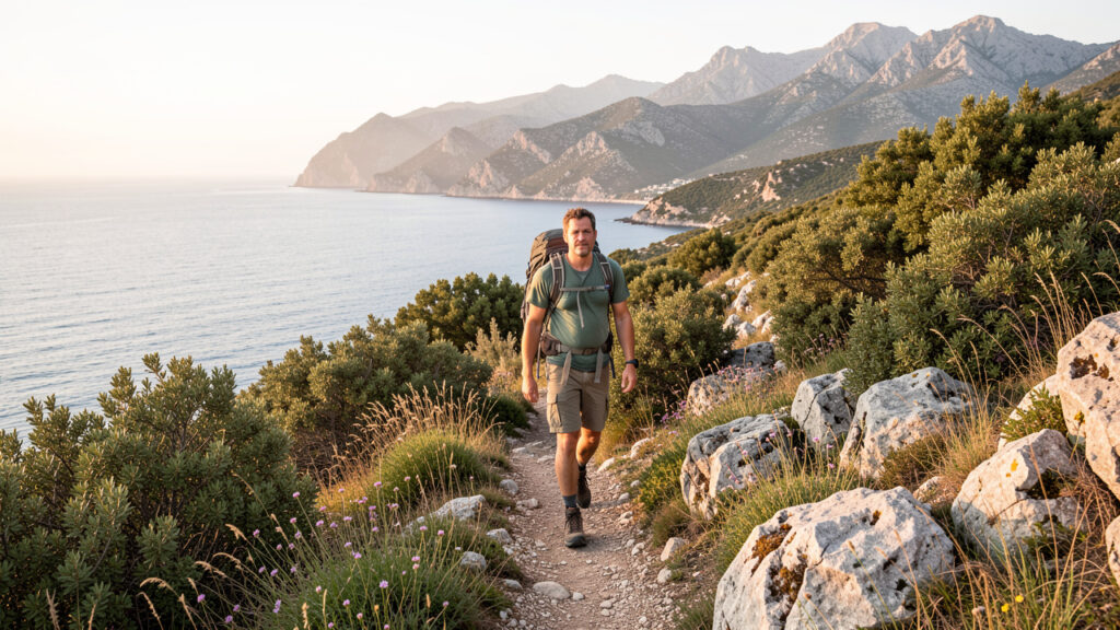 Un randonneur marche sur un sentier corse surplombant la mer Méditerranée, entouré de montagnes, de rochers et de végétation méditerranéenne dans la lumière douce du matin.