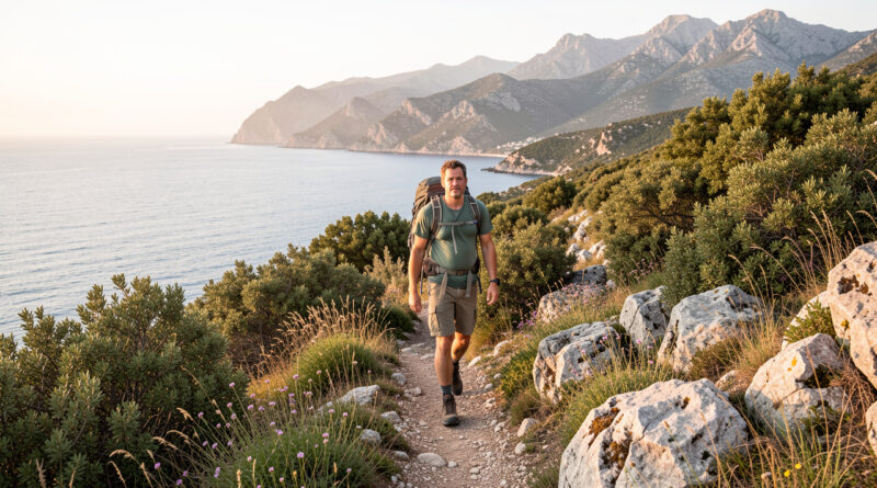 Un randonneur marche sur un sentier corse surplombant la mer Méditerranée, entouré de montagnes, de rochers et de végétation méditerranéenne dans la lumière douce du matin.