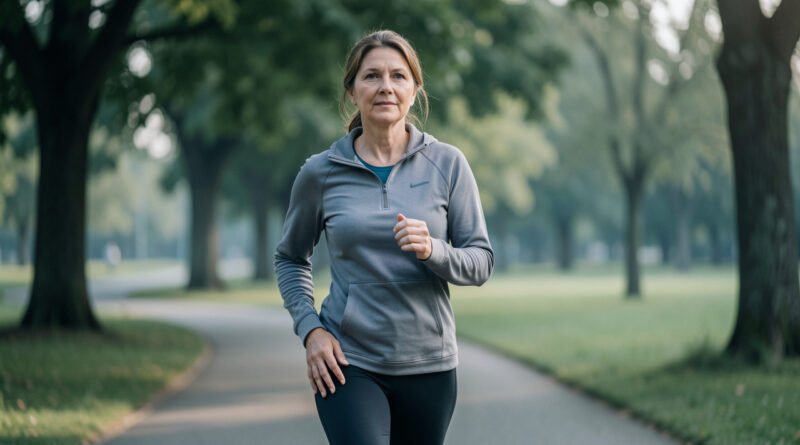 Femme de 40 ans reprenant doucement la course dans un parc, en ralentissant près d’un chemin arboré et en prenant soin de son genou.