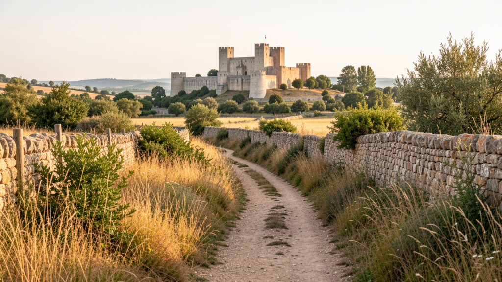 Sentier de randonnée facile dans la campagne près de Carcassonne, bordé de végétation et de murets en pierre, avec la cité médiévale au loin.