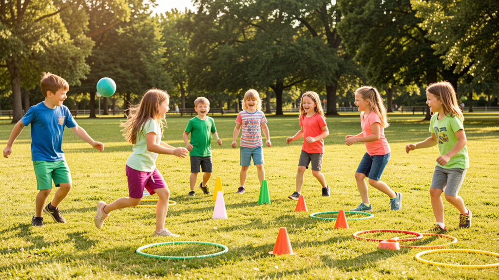Huit enfants de neuf ans jouent ensemble à des activités sportives variées dans un parc ensoleillé, avec des ballons souples, des cônes et des cerceaux.
