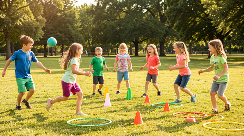 Huit enfants de neuf ans jouent ensemble à des activités sportives variées dans un parc ensoleillé, avec des ballons souples, des cônes et des cerceaux.
