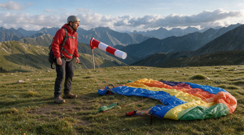 Un homme en tenue de parapente observe une manche à air et les nuages au-dessus d’un paysage montagneux avant de prendre son envol.