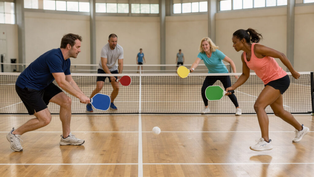 Deux hommes et deux femmes adultes jouent au pickleball dans un gymnase lumineux près d’Arras, autour d’un filet bas avec des raquettes pleines et une balle perforée, dans une ambiance sportive et conviviale.