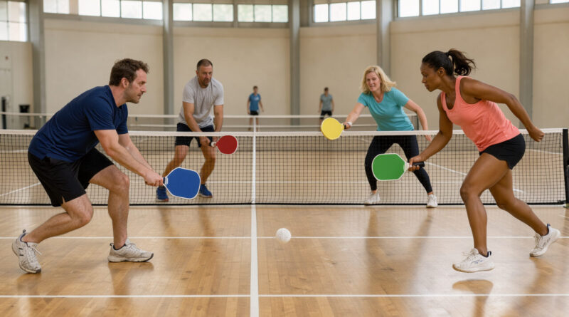 Deux hommes et deux femmes adultes jouent au pickleball dans un gymnase lumineux près d’Arras, autour d’un filet bas avec des raquettes pleines et une balle perforée, dans une ambiance sportive et conviviale.